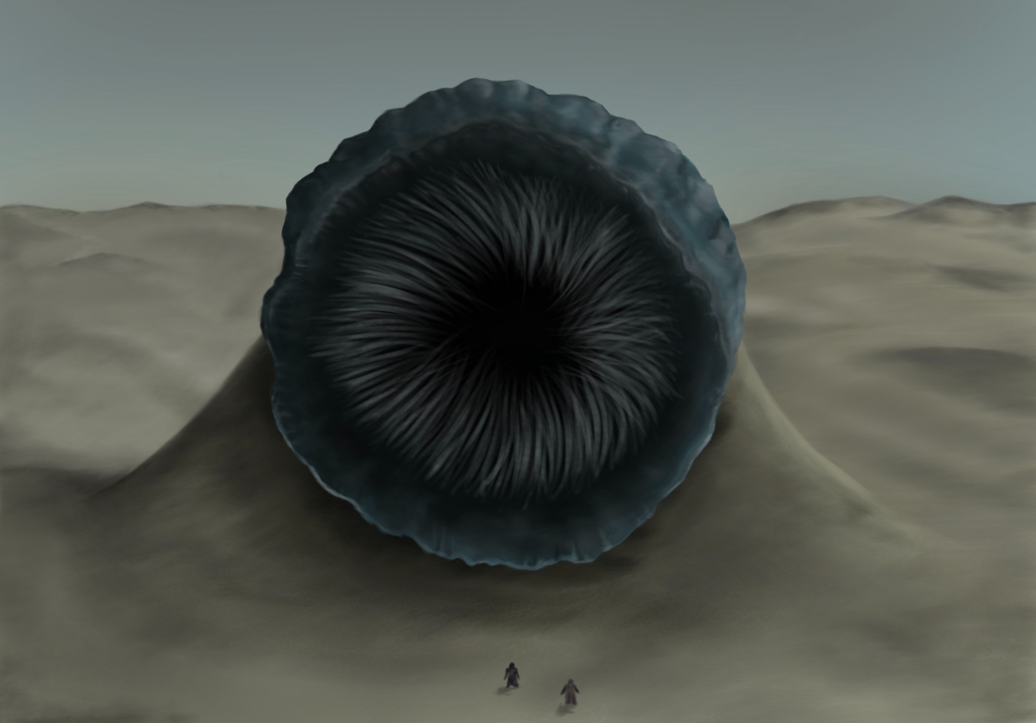 Cyfrowa ilustracja gigantycznego, otwartego pyska potwora z ciemnymi włoskami w środku, wyłaniającego się z piaszczystej pustyni; dwie małe postacie w oddali