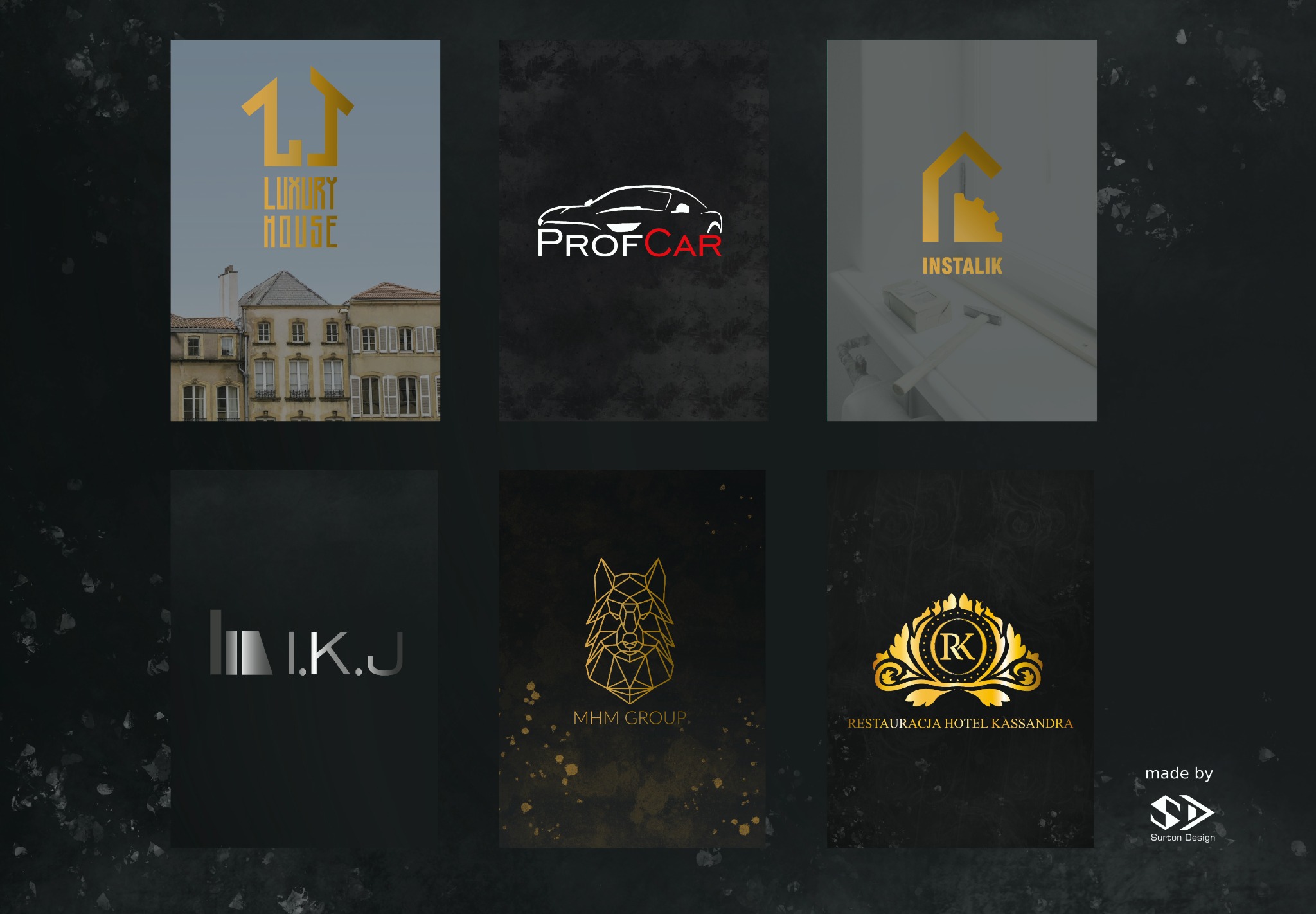 Kompilacja sześciu projektów logo: dom z numerem, samochód, dom z narzędziem, inicjały, geometryczny wilk i ornament z literą K, na ciemnym tle.