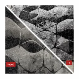 Dywan z geometrycznym wzorem, podzielony ukośnie na dwie części: lewa, ciemniejsza z napisem 'Przed' i prawa, jaśniejsza z napisem 'Po', ukazujące efekt czyszczenia.