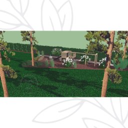 Projekt wymarzonego ogrodu - Wizualizacja 3D ogrodu z drewnianym placem zabaw, huśtawkami, rabatami kwiatowymi i wysokimi drzewami iglastymi w tle, ukazana z perspektywy ptasiej.