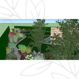 Projekt wymarzonego ogrodu - Wizualizacja 3D ogrodu z krętą ścieżką, różnorodną roślinnością, w tym kwitnącymi bylinami i drzewami, oraz elementami wodnymi.
