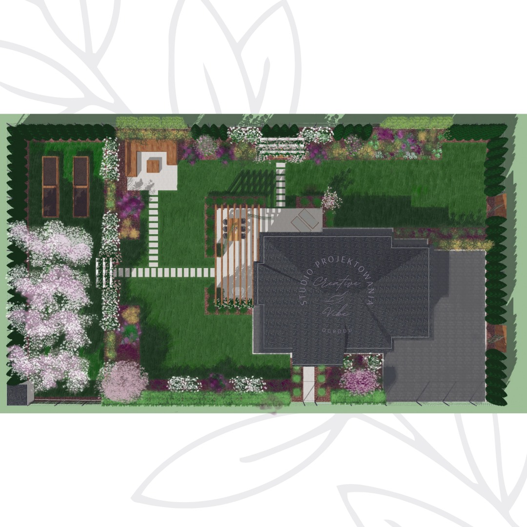 Plan zagospodarowania przestrzennego ogrodu z widokiem z góry, ukazujący dom z szarym dachem, taras z pergolą, ścieżki z jasnych płyt, rabaty kwiatowe w odcieniach różu i fioletu, trawnik...