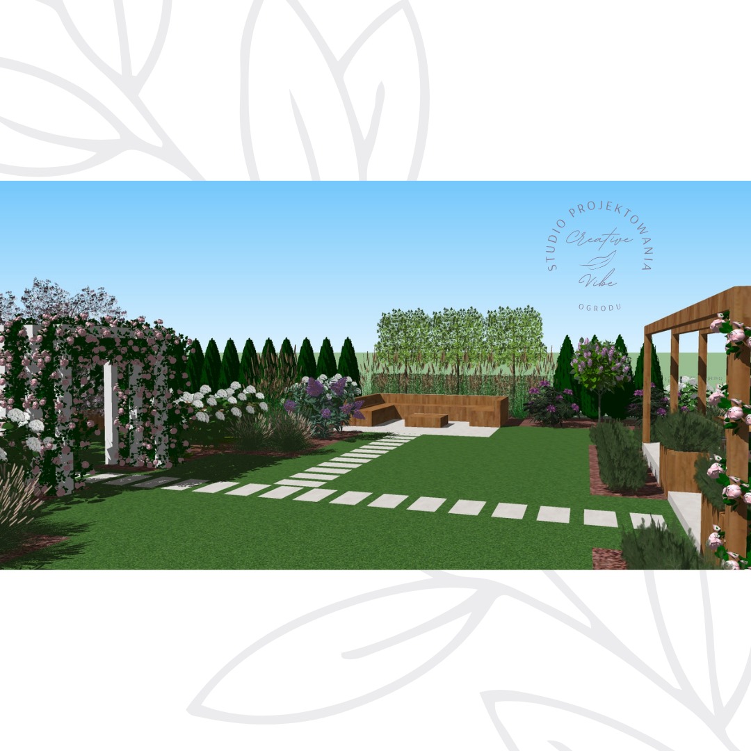 Wizualizacja ogrodu z pergolą porośniętą różami, ścieżką z płyt, drewnianą sofą i starannie dobraną roślinnością, prezentująca koncepcję aranżacji przestrzeni.