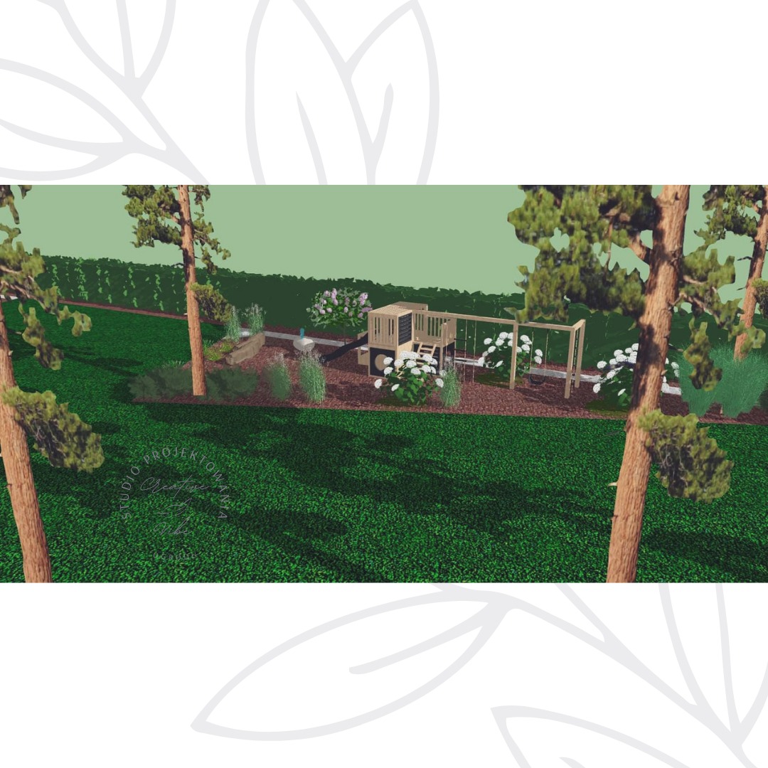 Wizualizacja 3D ogrodu z drewnianym placem zabaw, huśtawkami, rabatami kwiatowymi i wysokimi drzewami iglastymi w tle, ukazana z perspektywy ptasiej.