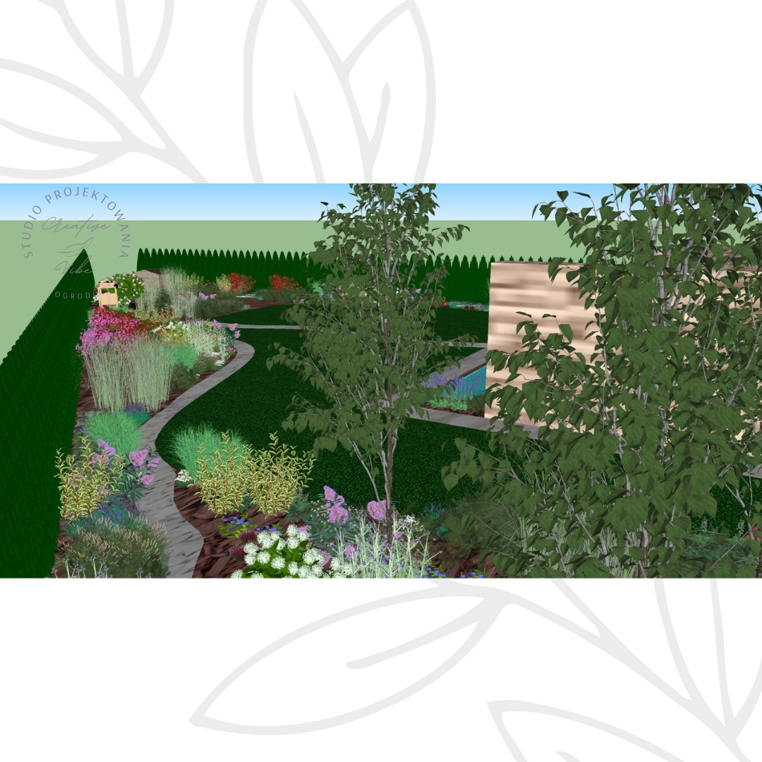 Wizualizacja 3D ogrodu z krętą ścieżką, różnorodną roślinnością, w tym kwitnącymi bylinami i drzewami, oraz elementami wodnymi.