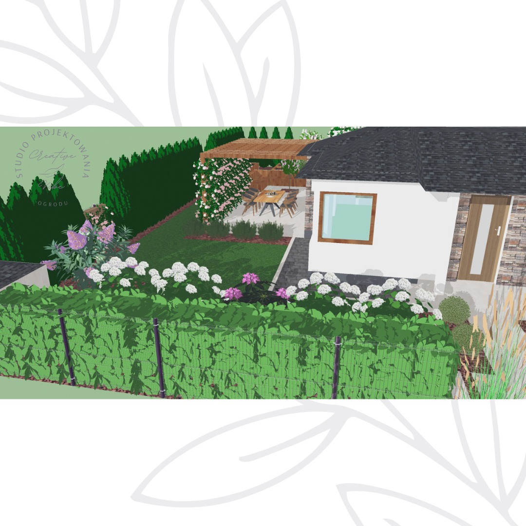 Wizualizacja zagospodarowania przestrzeni wokół domu z pergolą, stołem i krzesłami, rabatami kwiatowymi z hortensjami i budlejami oraz żywopłotem z siatki maskującej.