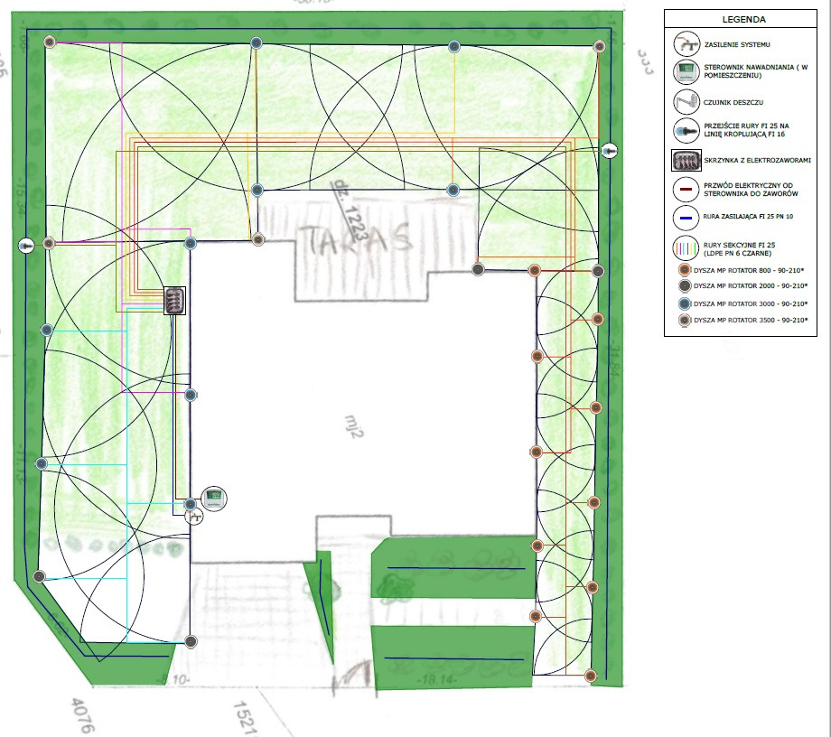 Plan ogrodu z naniesionym projektem instalacji nawadniającej, uwzględniający rozmieszczenie dysz, rur, sterownika i czujnika deszczu, wraz z legendą elementów i wymiarami działki.