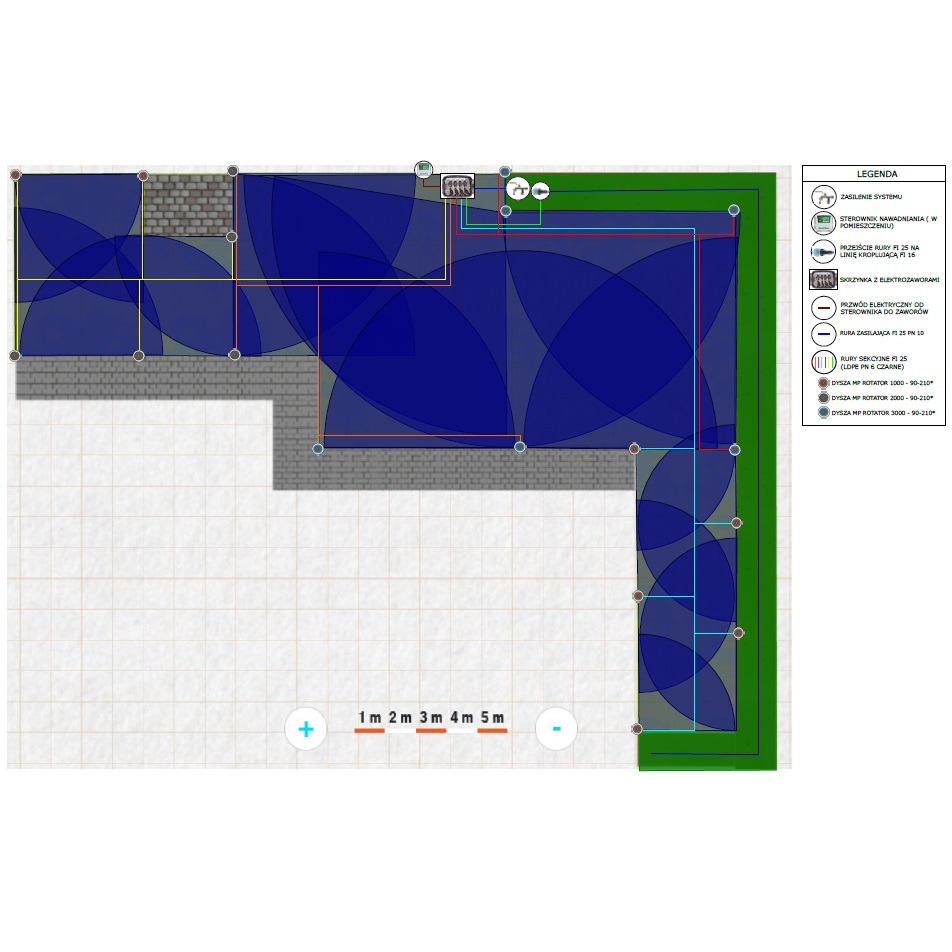 Plan rozmieszczenia elementów systemu nawadniania ogrodu z zaznaczonymi strefami podlewania, legendą i skalą.