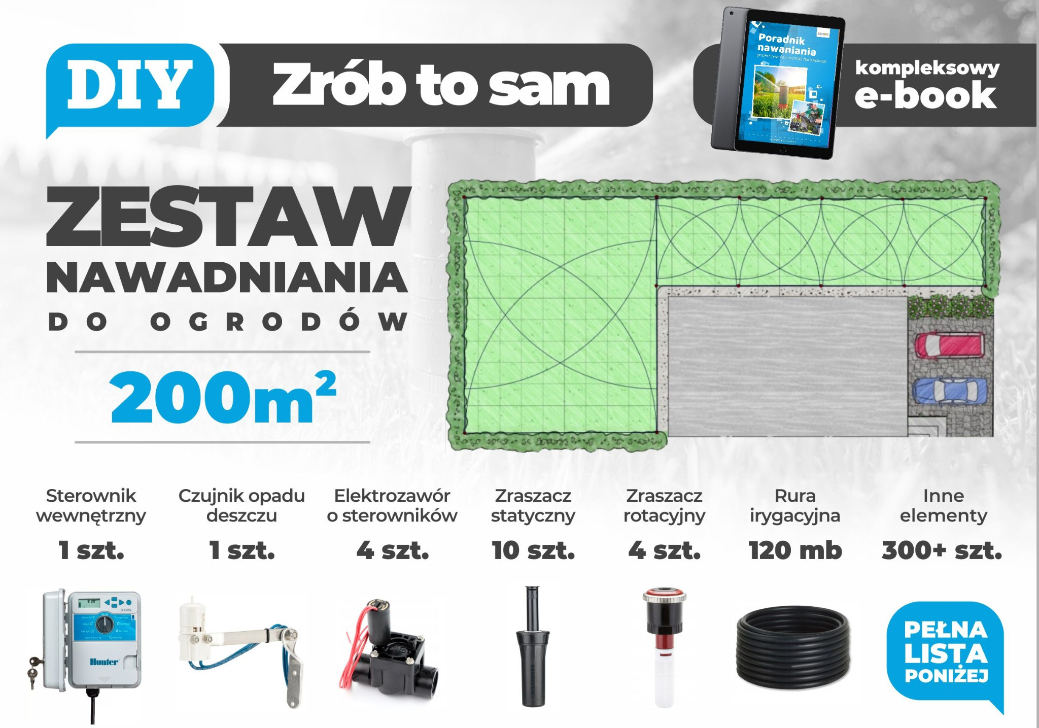 Zestaw do nawadniania ogrodu DIY: sterownik wewnętrzny Hunter, czujnik opadu deszczu, elektrozawory, zraszacze statyczne i rotacyjne, rura irygacyjna oraz e-book z poradnikiem.