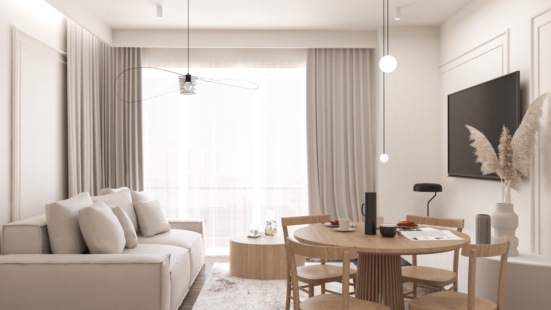 Jasne wnętrze salonu z jadalnią, beżowa sofa modułowa, okrągły drewniany stół z krzesłami, telewizor na ścianie z dekoracją z suszonych traw, nowoczesna lampa wisząca z metalową konstrukcją.