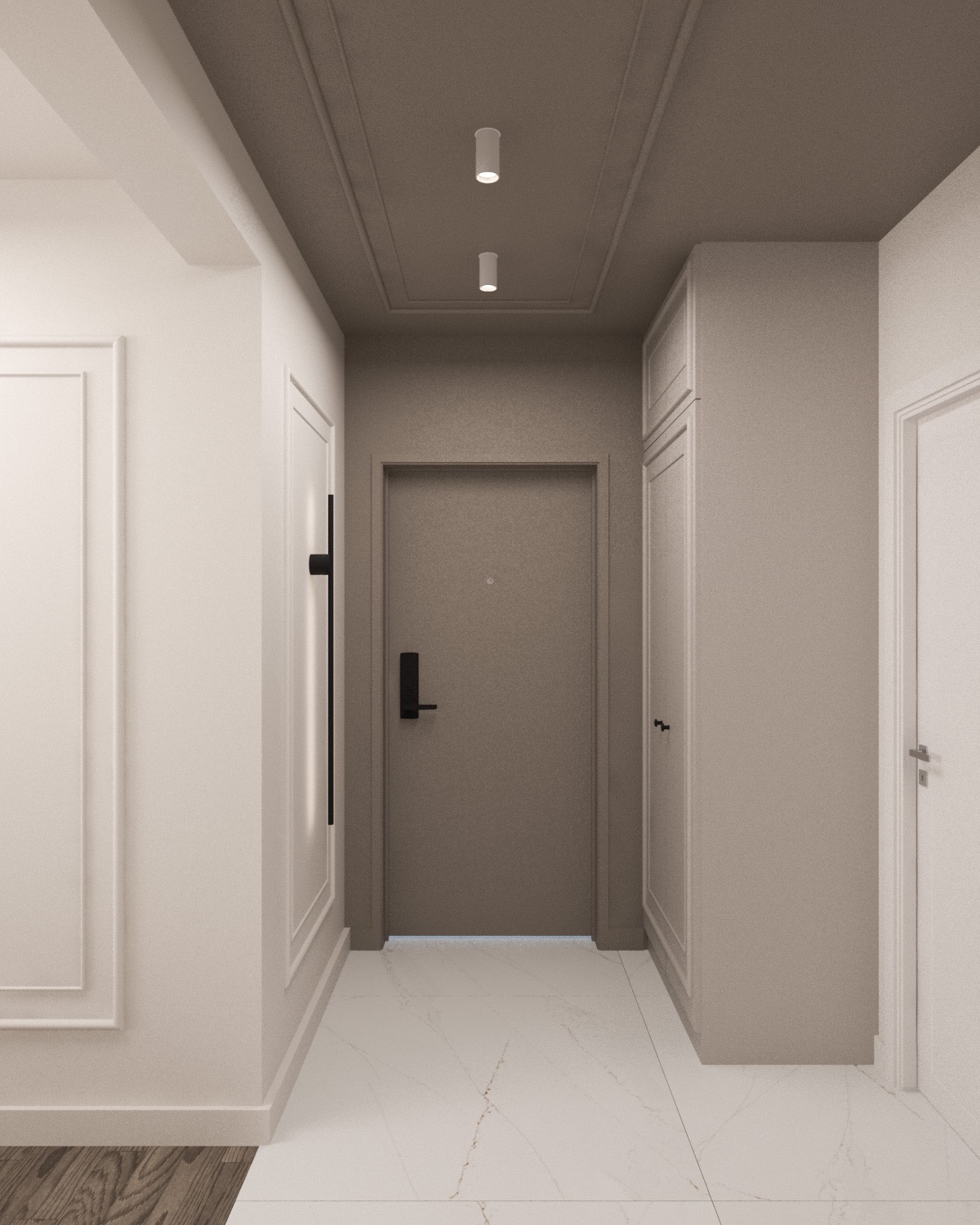 Wizualizacja przedpokoju w neutralnej kolorystyce z marmurową podłogą, szarobeżowymi ścianami z dekoracyjnymi listwami, ciemnoszarą zabudową szafy i drzwiami wejściowymi z czarnym zamkiem...