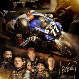 Wayne Design / Michon-Lab - Plakat reklamowy zespołu Wojcik Racing Team z motocyklem Yamaha numer 77 i wizerunkami zawodników, prezentujący harmonogram wyścigów motocyklowych EWC