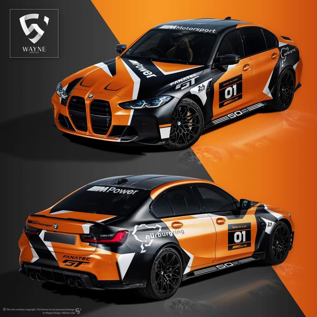 Projekt graficzny oklejenia samochodu BMW M3 w barwach wyścigowych, z dominującą kolorystyką pomarańczowo-czarną, widok z przodu i z tyłu na szarym tle z pomarańczowym akcentem, zawierający...