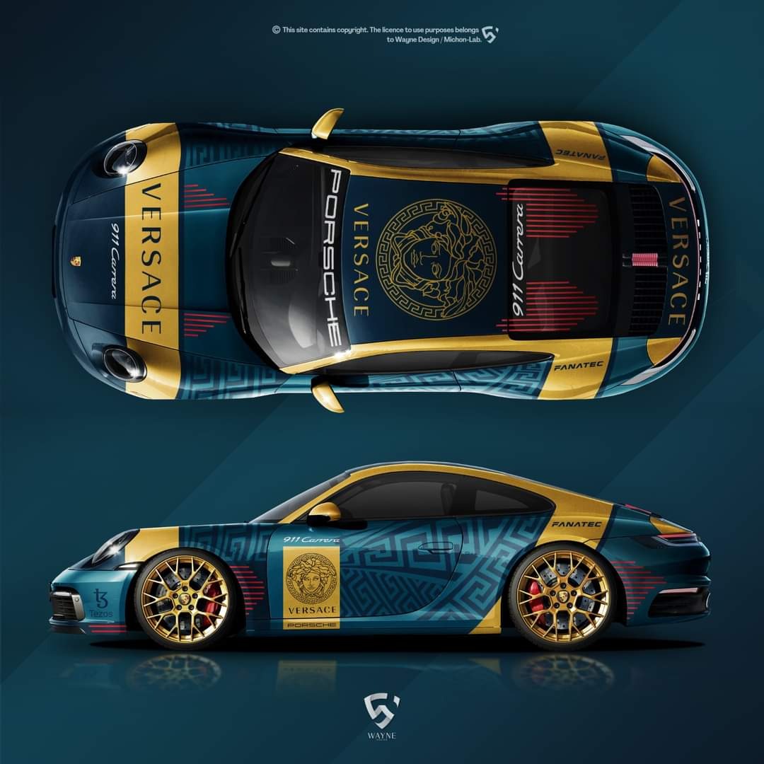 Porsche 911 Carrera z niestandardowym designem Versace i Porsche, widok z góry i z boku, złote felgi, niebiesko-złota kolorystyka.