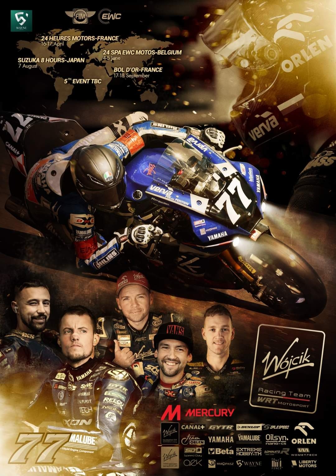Plakat reklamowy zespołu Wojcik Racing Team z motocyklem Yamaha numer 77 i wizerunkami zawodników, prezentujący harmonogram wyścigów motocyklowych EWC