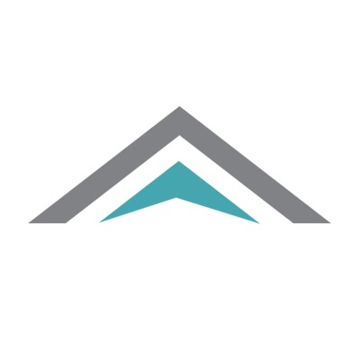 Abstrakcyjne logo z szarymi i turkusowymi trójkątami tworzącymi kształt przypominający dach.