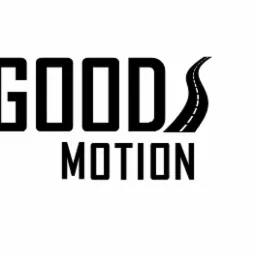 Czarno-białe logo firmy 'GOODS MOTION' z stylizowaną drogą zamiast litery 'S'.