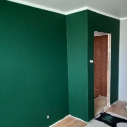 Pokój po świeżym pomalowaniu ścian na ciemnozielony kolor, zabezpieczona podłoga i widoczny fragment drzwi w tle.