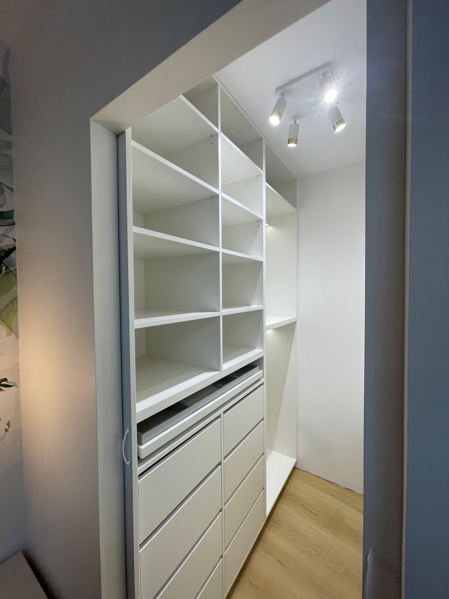 Biała zabudowa wnękowa z półkami i szufladami, oświetlenie punktowe sufitowe, widok z boku.