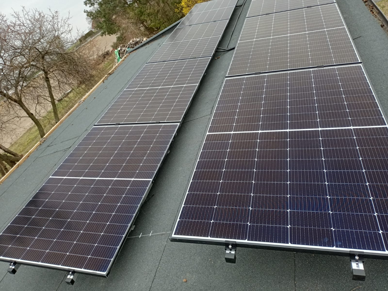 Rząd paneli słonecznych na bitumicznym dachu w pochmurny dzień, widoczne mocowania i fragmenty drzew w tle.