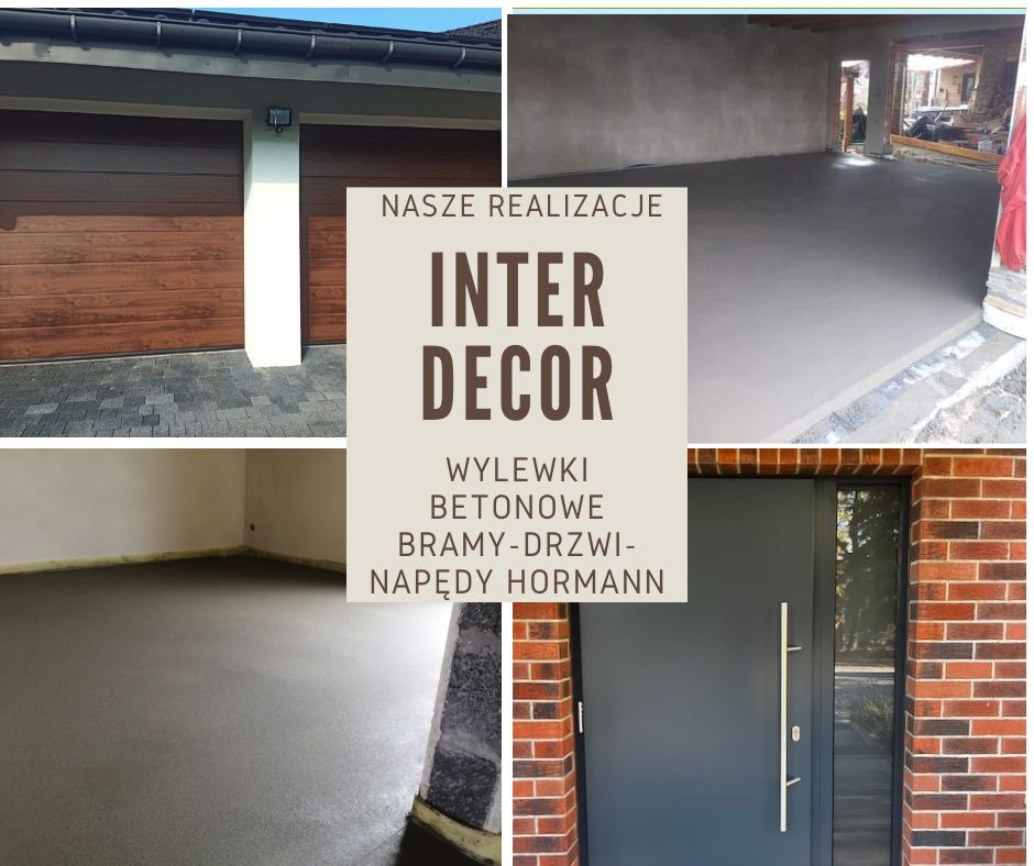 Kolaż czterech zdjęć prezentujących realizacje firmy: drewniana brama garażowa, świeża posadzka jastrychowa z widoczną folią, wylana posadzka betonowa w surowym stanie oraz nowoczesne drzwi...