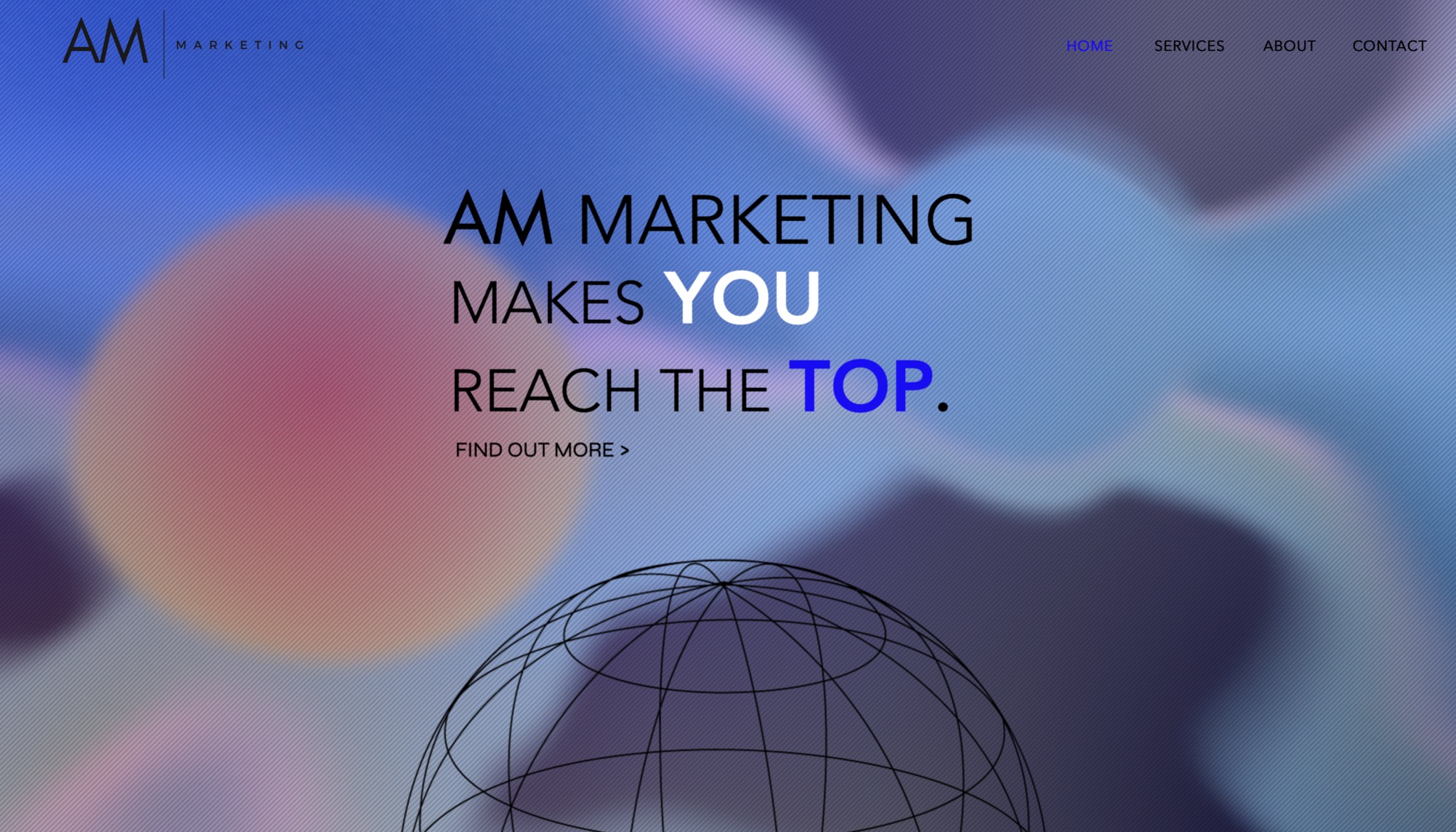 Strona internetowa z abstrakcyjnym tłem w odcieniach niebieskiego i różowego, z napisem 'AM MARKETING MAKES YOU REACH THE TOP' oraz graficznym przedstawieniem globu w dolnej części.