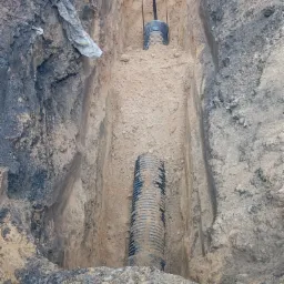 Głęboki wykop z ułożonymi rurami drenarskimi, widoczna łopata wbita w ziemię, ślady wilgotnej ziemi na ścianach wykopu.