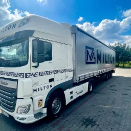 Biała ciężarówka DAF z naczepą z logo firmy Milton na parkingu w słoneczny dzień. Na naczepie widoczny napis Milton. Na pierwszym planie kostka brukowa.