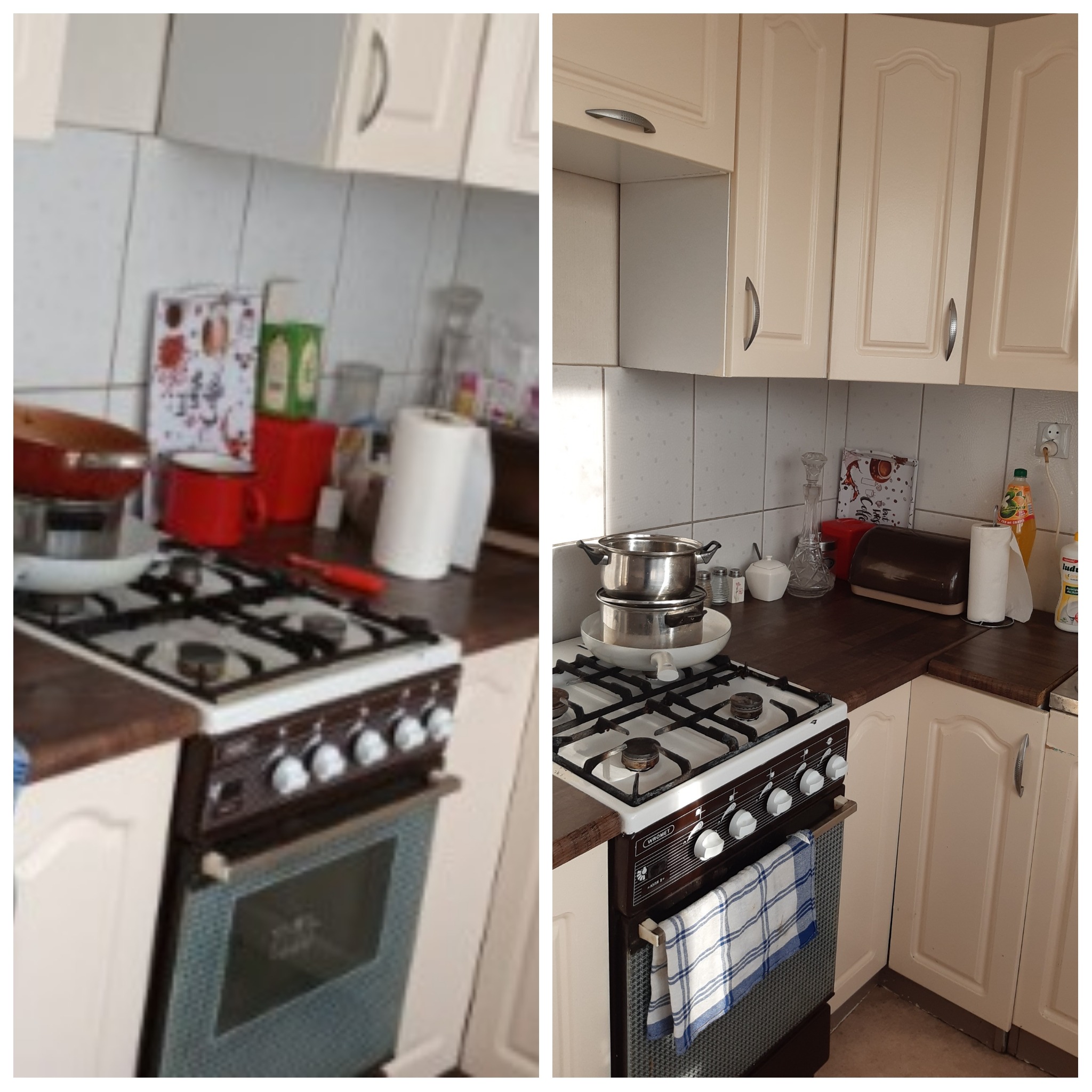 Kuchnia przed i po sprzątaniu: po lewej stronie bałagan na blacie i kuchence, po prawej czysty blat z akcesoriami kuchennymi i czysta kuchenka z garnkami.