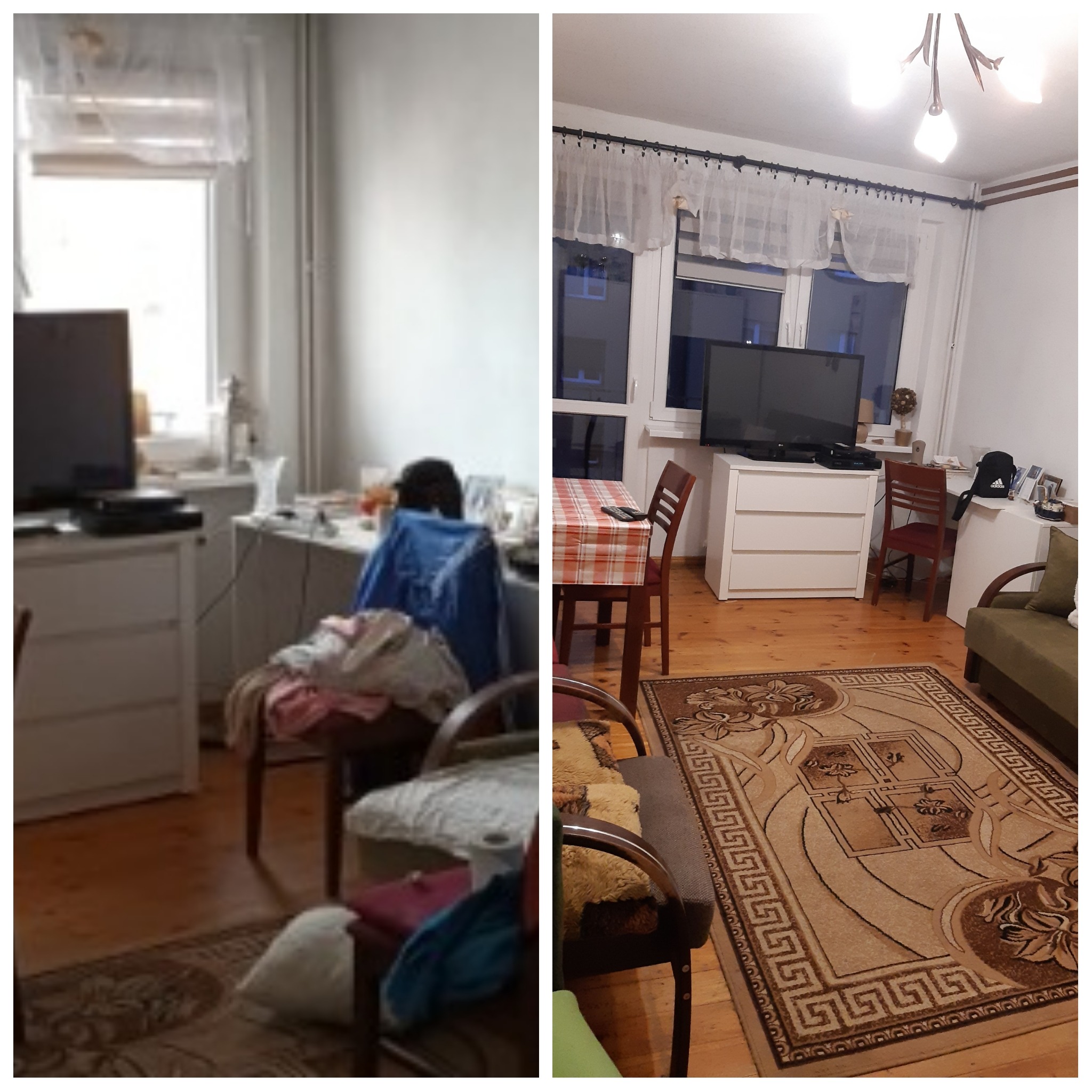 Zdjęcie pokoju przed i po sprzątaniu, widoczne różnice w porządku i czystości, dywan z wzorem meandry, biała komoda, okno z firanką.