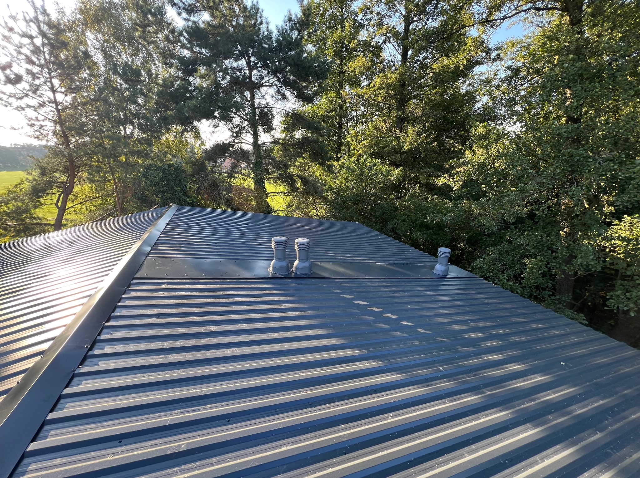 Szary dach z blachy trapezowej z kominkami wentylacyjnymi na tle zieleni drzew i błękitnego nieba w słoneczny dzień. Widok z góry.