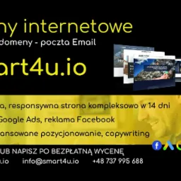 Prezentacja agencji interaktywnej: wizualizacje stron internetowych na ekranach, usługi hostingowe i pozycjonowanie, kontakt z firmą Smart4u.io, uśmiechnięta twarz w tle.
