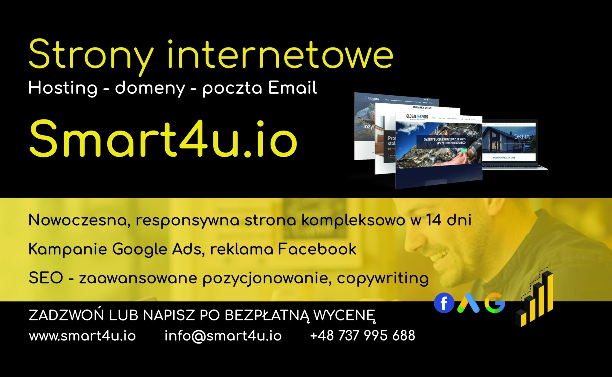 Prezentacja agencji interaktywnej: wizualizacje stron internetowych na ekranach, usługi hostingowe i pozycjonowanie, kontakt z firmą Smart4u.io, uśmiechnięta twarz w tle.
