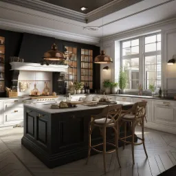 Elegancka kuchnia w stylu klasycznym z czarną wyspą, marmurowym blatem i drewnianymi hokerami, oświetlona miedzianymi lampami wiszącymi.