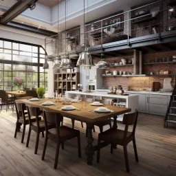 Przestronna kuchnia w stylu industrialnym z ceglanymi ścianami, antresolą z metalowymi regałami, dużym oknem i drewnianym stołem jadalnym z nakryciem na sześć osób, oświetlonym przez wiszące lampy...