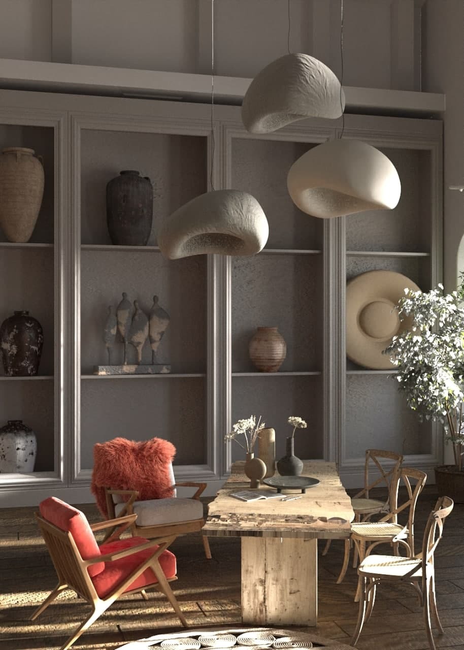 Salon w stylu eklektycznym z drewnianym stołem, krzesłami z rattanu, czerwonym fotelem i regałem z dekoracyjnymi wazonami oraz trzema lampami o organicznych kształtach.