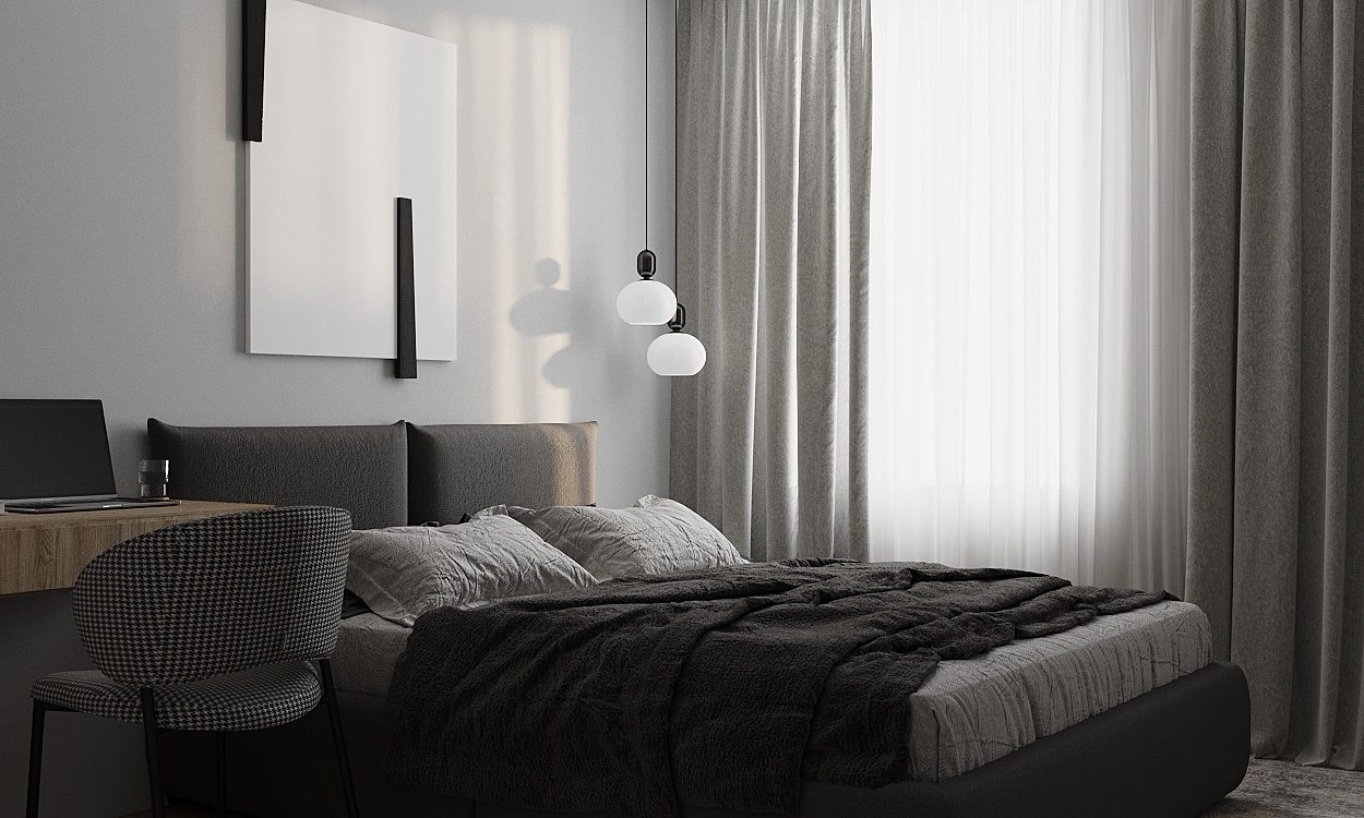 Minimalistyczna sypialnia w odcieniach szarości z łóżkiem, biurkiem z laptopem, designerską lampą wiszącą i abstrakcyjnym obrazem na ścianie.