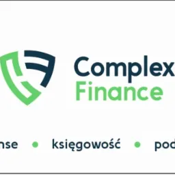 Logo firmy Complex Finance z symbolem tarczy w kolorach zielonym i granatowym oraz hasłami: finanse, księgowość, podatki.