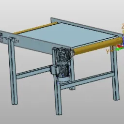 Model 3D transportera taśmowego z silnikiem, widok z boku, na szarym tle.