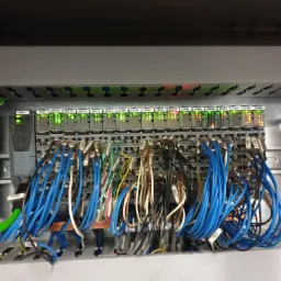 Panel sterowania automatyki przemysłowej z podłączonymi przewodami, widoczne diody sygnalizacyjne i oznaczenia modułów.