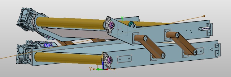 Model 3D podnośnika nożycowego z widocznymi elementami konstrukcyjnymi, silnikami i rolkami napędowymi.