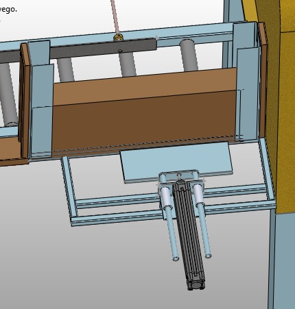 Wizualizacja 3D fragmentu konstrukcji stalowej hali z elementami automatyki, widok z dołu.