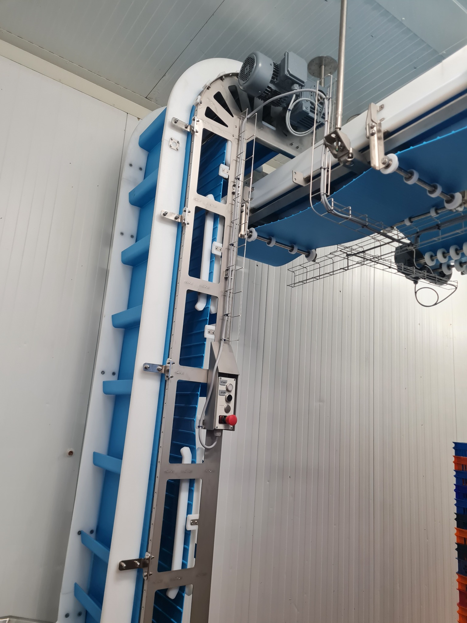 Wnętrze chłodni z fragmentem niebiesko-białego, modułowego przenośnika taśmowego z metalową konstrukcją nośną i silnikiem elektrycznym, widoczny panel sterowania z przyciskami start/stop.