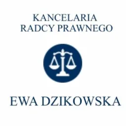 Niebieskie logo kancelarii radcy prawnego Ewa Dzikowska z symbolem wagi w okręgu.