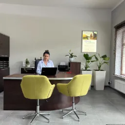 Biuro agencji ubezpieczeniowej Allianz z pracującą przy laptopie kobietą, widoczne plakaty informacyjne, rośliny doniczkowe i dwa żółte krzesła obrotowe.
