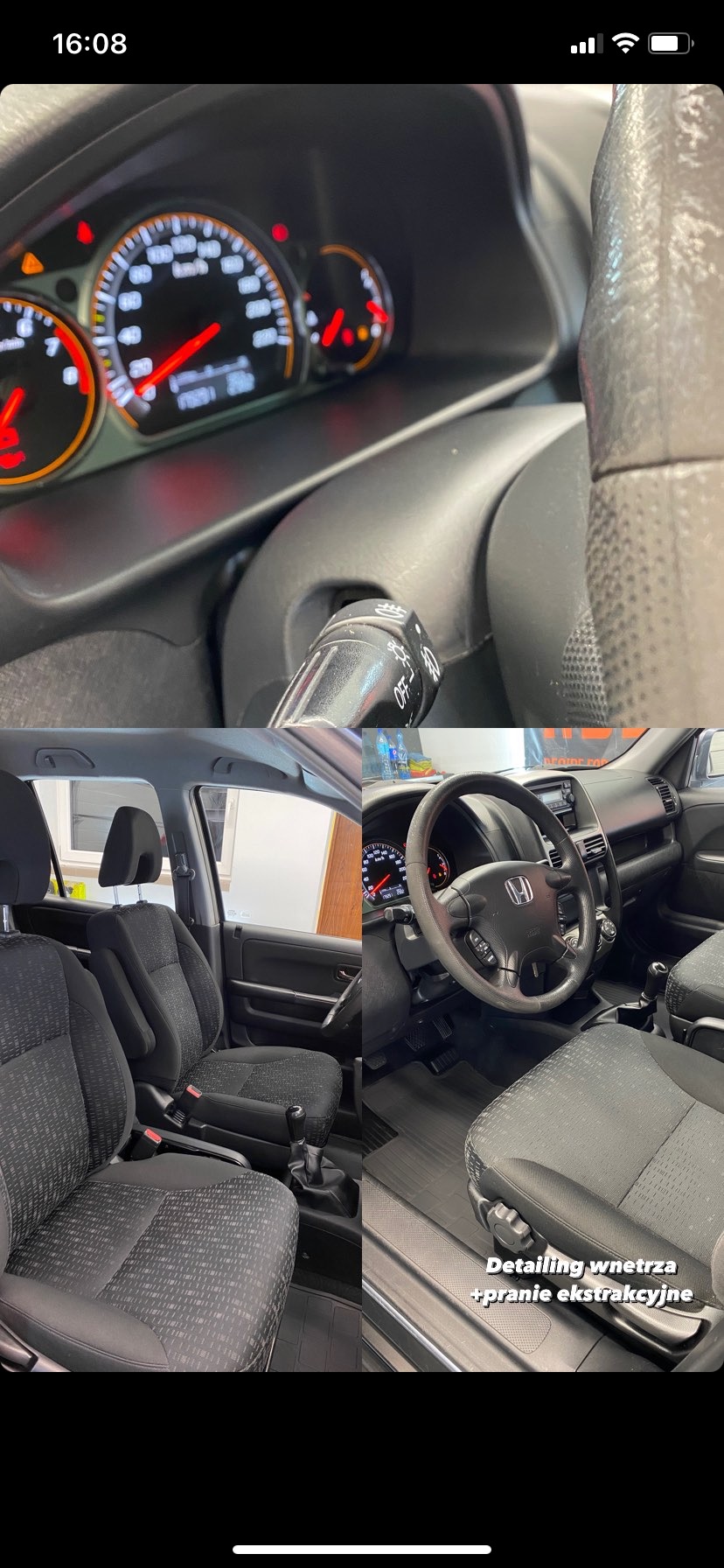 Wnętrze samochodu Honda CR-V po detailingu, widoczne czyste fotele z ciemną tapicerką w drobną kratkę, deska rozdzielcza z podświetlonym licznikiem i gumowe dywaniki.