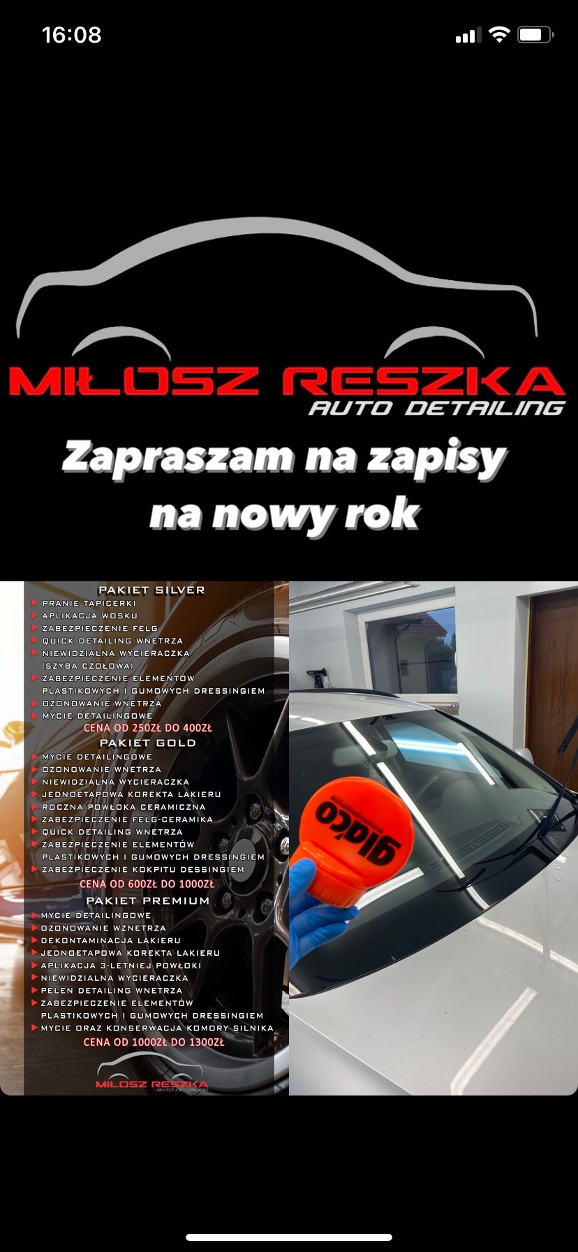 Reklama studia auto detailingu Miłosz Reszka z ofertą pakietów usług: Silver, Gold i Premium, obejmujących m.in. mycie detailingowe, ozonowanie wnętrza, korektę lakieru i aplikację powłok ochronnych.