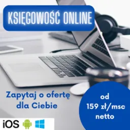 Laptop na biurku z napisem 'Księgowość Online', obok słuchawki, myszka i smartfon. Widoczne ikony iOS, Android i Windows.