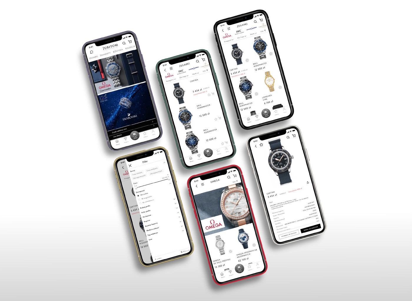 Ekrany sześciu smartfonów prezentujących aplikację Jubitom z ofertą zegarków różnych marek, w tym Omega, Certina i IWC, z widocznymi cenami i filtrami wyszukiwania.