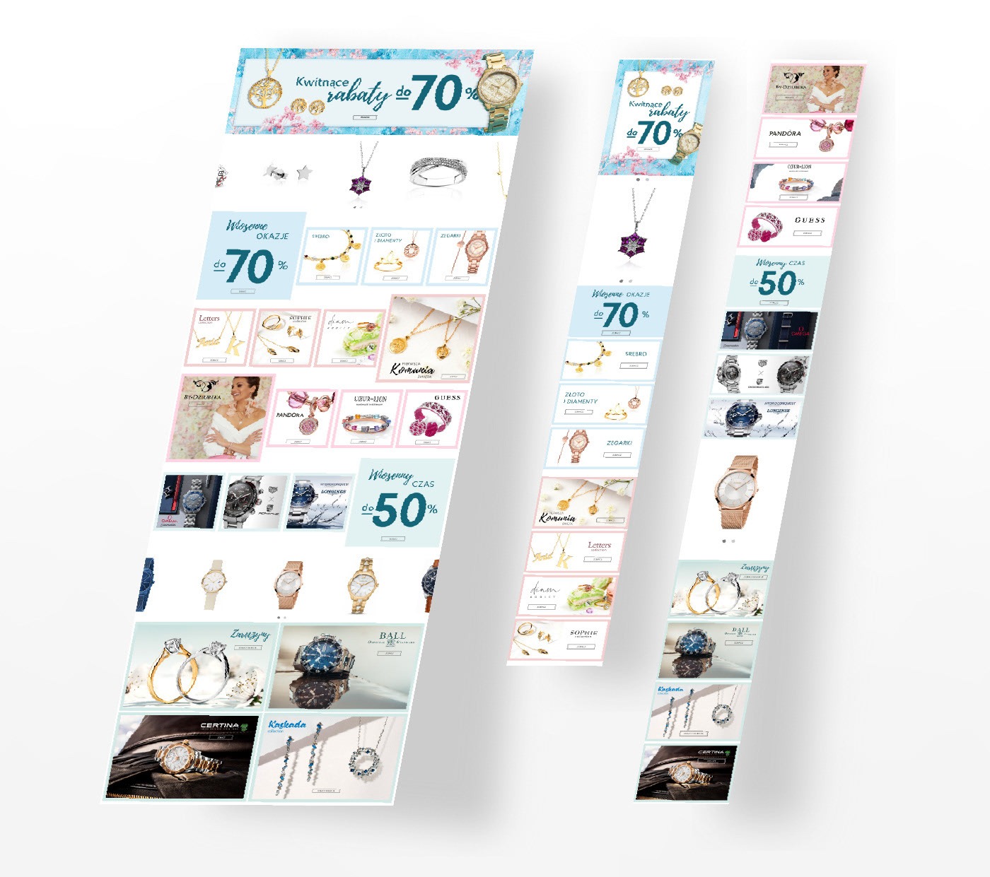 Projekt strony internetowej Jubitom prezentujący ofertę biżuterii i zegarków z rabatami, widok ukośny, kilka sekcji z różnymi produktami i promocjami.